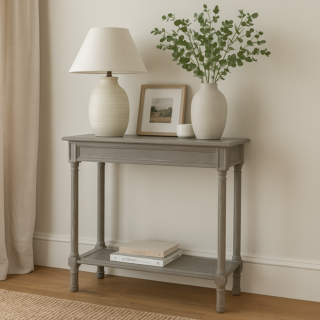 Gray console table with a lamp, framed picture, and vase against a beige wall.