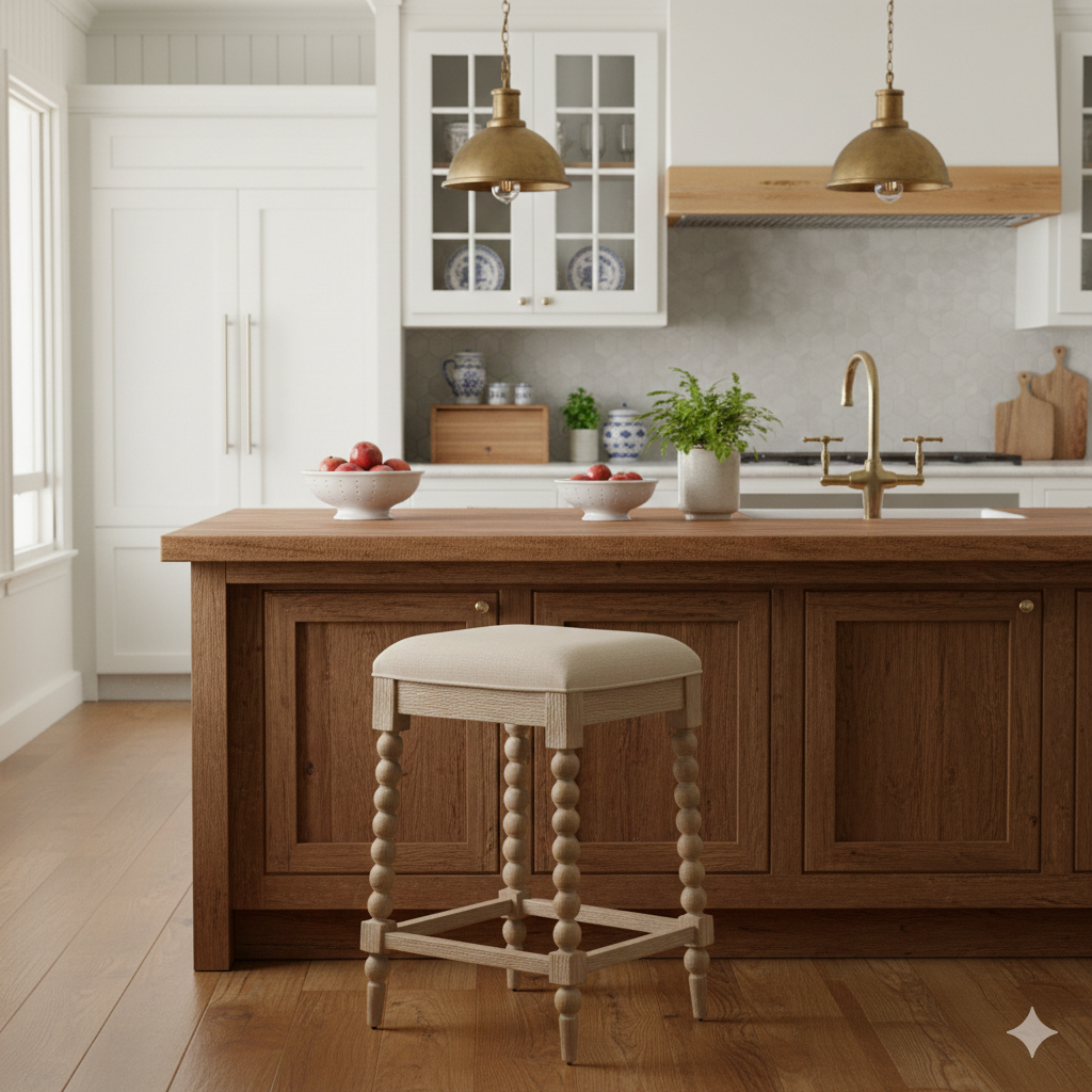 Modern kitchen with wooden island, stools, and decorative elements.