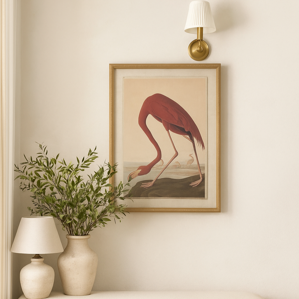 Flora & Fauna Collection Flamingo On Linen In Beaded Frame