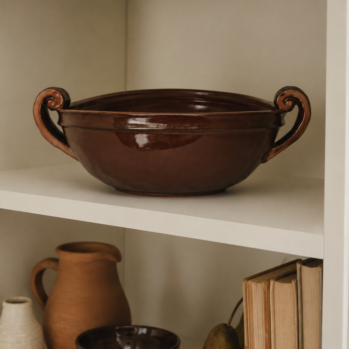 Chestnut Glazed Stoneware Bowl with Handles | Rustic Ceramic Bowl