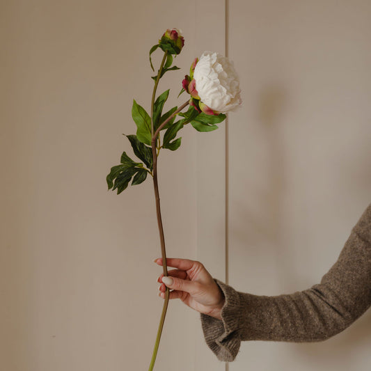White Real Feel Open Peony with Bud and Leaves