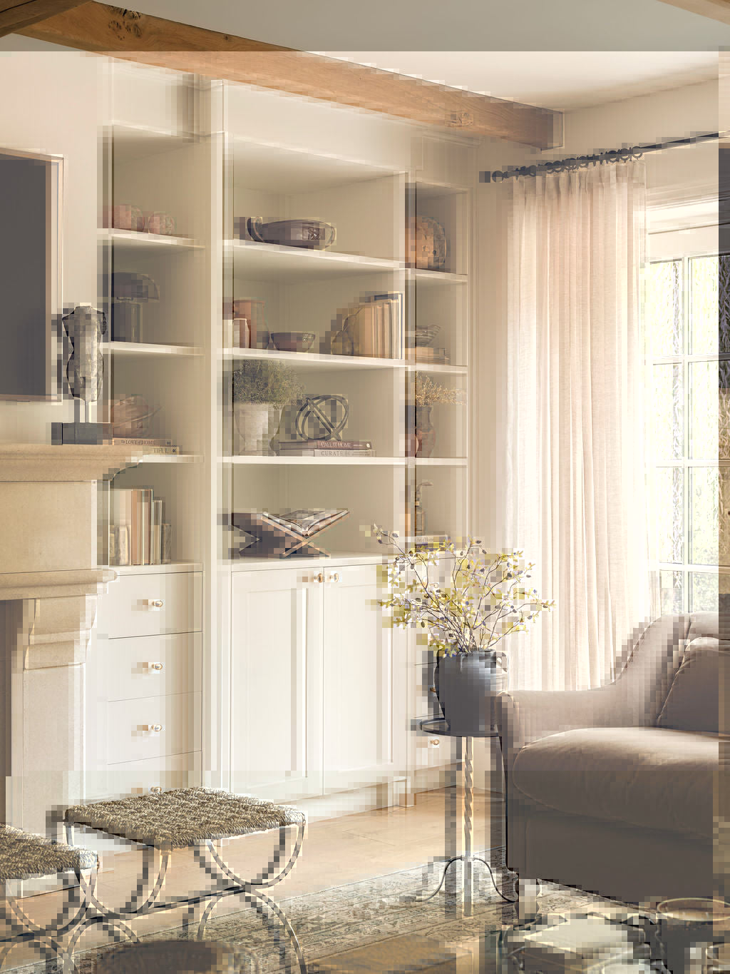 A styled interior room featuring a large built-in white shelving unit with decorative books, vases, and sculptures, next to a window with sheer curtains and a brown armchair.