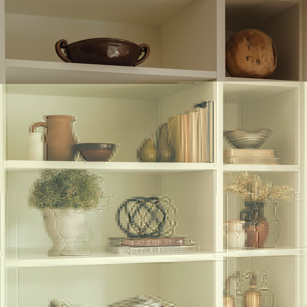 Chestnut stoneware bowl styled on open shelving with rustic decor