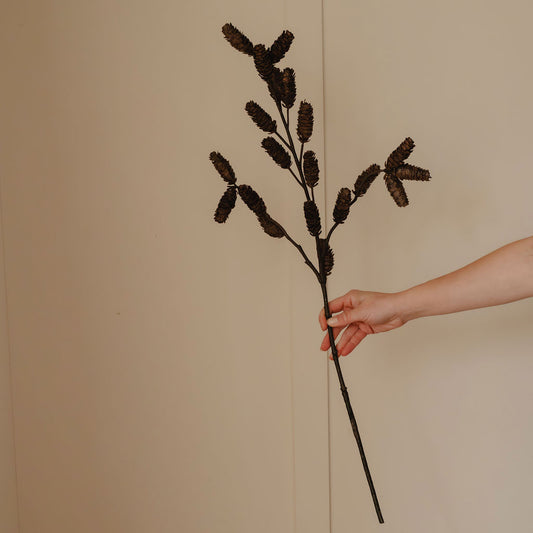 Hand holding a decorative branch with brown buds against a beige background
