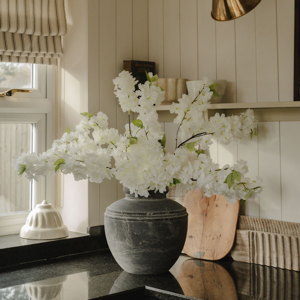 Large White Full Faux Cherry Blossom Stem