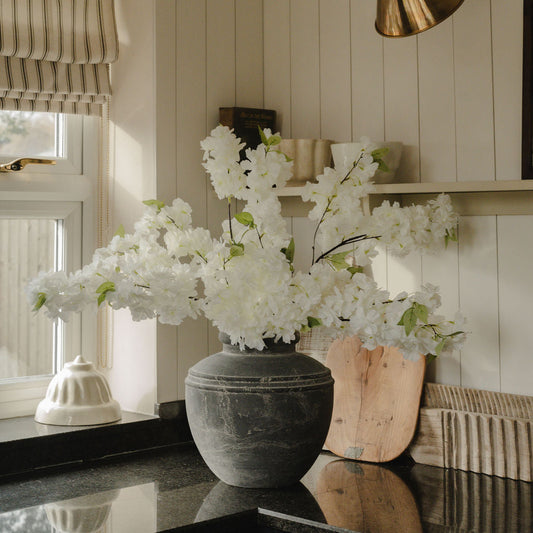 Large White Full Faux Cherry Blossom Stem