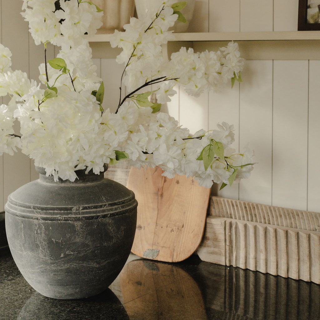 Large White Full Faux Cherry Blossom Stem